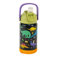 Load image into Gallery viewer, A stainless steel drinks bottle with a green and purple handle and spout, featuring a dinosaur pattern.