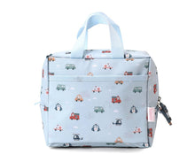 Load image into Gallery viewer, Light blue bag with vehicle pattern on a white background