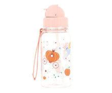 Load image into Gallery viewer, A clear plastic water bottle with a light pink flip-top lid and carrying strap, decorated with a whimsical autumn illustration featuring pumpkins, a carriage, and stars.