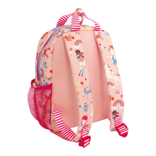 Load image into Gallery viewer, Pink children's backpack with cartoon characters and colorful patterns on a white background