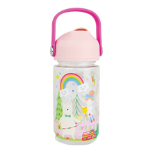 Load image into Gallery viewer, Children's water bottle with pink lid and colorful design on a white background