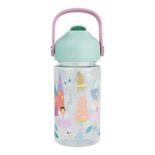Load image into Gallery viewer, Children's water bottle with fairy design and pink handle on a white background