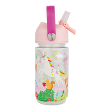 Load image into Gallery viewer, Children's water bottle with unicorn design and pink lid on a white background