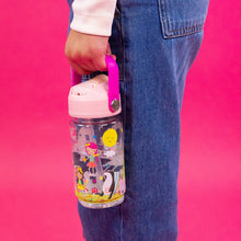 Load image into Gallery viewer, Person holding a pink water bottle with cartoon design against a pink background
