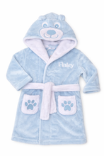 Load image into Gallery viewer, Blue children's robe with bear face design and 'Finley' branding on a white background
