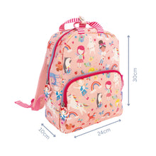 Load image into Gallery viewer, A pink patterned school backpack with cartoon unicorns, rainbows, and girls, shown with dimension arrows and labels indicating 24cm width, 30cm height, and 10cm depth on a white background.