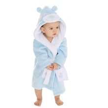 Load image into Gallery viewer, Baby wearing a light blue hooded robe with bear ears on a white background
