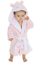 Load image into Gallery viewer, Baby wearing a pink bathrobe with bear ears on a white background