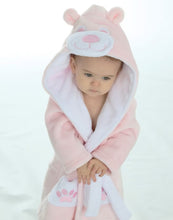 Load image into Gallery viewer, Baby wearing a pink and white bear-themed robe on a white background