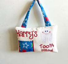 Load image into Gallery viewer, Personalized tooth pillow with embroidered text and design on a plain background