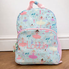 Load image into Gallery viewer, Children's backpack with ballerina design and 'Lottie' embroidery on a wooden floor.