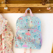 Load image into Gallery viewer, Children's backpack with ballerina design and 'Lottie' text, hanging on a wooden rack.