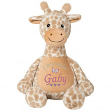 Load image into Gallery viewer, A plush giraffe toy with a beige and brown spotted pattern, featuring a custom embroidered name 'Gaby' and the phrase 'I belong to' on its belly, set against a plain white background.