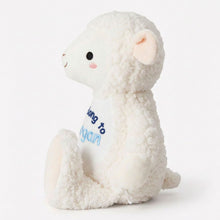 Load image into Gallery viewer, A white plush sheep toy sitting on a white background, with embroidered blue text on its belly that reads 'long to again'.