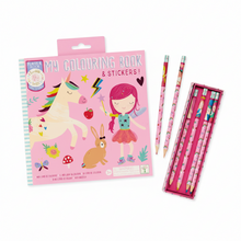 Load image into Gallery viewer, My Colouring Book &amp; Stickers! set including a pink illustrated book with a unicorn, fairy, rabbit, and rainbow, plus three matching patterned pencils and a pink sticker box on a white background.