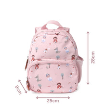 Load image into Gallery viewer, Pink patterned backpack with dimension markings showing 28cm height, 25cm width, and 9cm depth on a white background.