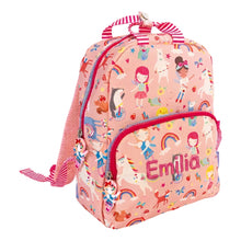 Load image into Gallery viewer, A pink children's backpack with a colorful unicorn and cartoon girl print, featuring a front zip pocket with the name 'Emilia' in pink lettering, a pink and white striped top handle, and matching side straps.