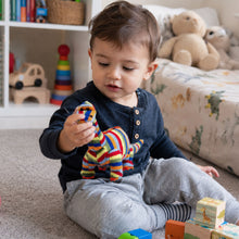 Load image into Gallery viewer, Knitted Multi Colour Stripe Diplodocus Dinosaur Soft Toy