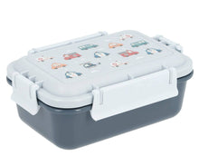Load image into Gallery viewer, Gray lunch box with white lid featuring cartoon car designs on a white background