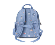Load image into Gallery viewer, Blue backpack with balloon pattern on a white background