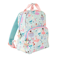 Load image into Gallery viewer, A multicolored backpack featuring a playful enchanted design with ballerinas, trees, and flowers on a light blue background with pink straps and a black front zipper.