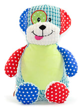 Load image into Gallery viewer, Red, blue and green patch dog soft toy just waiting for his light green tummy to be personalised with a message, greeting of your choice using embroidery.