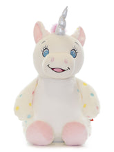 Load image into Gallery viewer, Personlaised white Unicorn plush soft toy. Personalised with embroidery