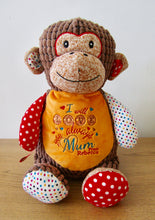Load image into Gallery viewer, Personalised Brown Monkey soft toy with a message saying "I will love you always mum from Rebeca" embroidered on its orange tummy.