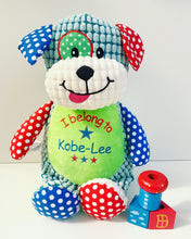 Load image into Gallery viewer, Personalised blue, red &amp; green patchwork Doggy soft toy. The dog's tummy has been embroidered with the message "I belong to Kobe Lee" with a few little stars added under the name..