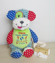 Load image into Gallery viewer, Patchwork dog soft toy, personalised with a baby’ s birth details 
