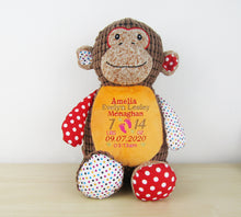 Load image into Gallery viewer, Personalised Brown patchwork Monkey with baby birth details 
