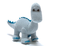 Load image into Gallery viewer, Knitted Blue Diplodocus Dinosaur Baby Rattle Soft Toy