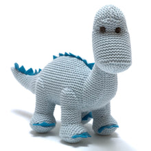 Load image into Gallery viewer, Knitted Blue Diplodocus Dinosaur Baby Rattle Soft Toy