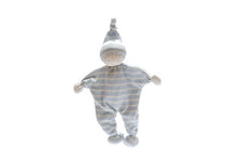 Load image into Gallery viewer, Organic baby buddy comforter with a Blue and white striped body and pointed hat. Two tiny stitched eye and mouth. 