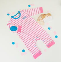 Load image into Gallery viewer, pink and white striped 100% cotton bodysuit all in one. long sleeves and constrasting blue elbow pads. Popper fastening around legs and shoulder.